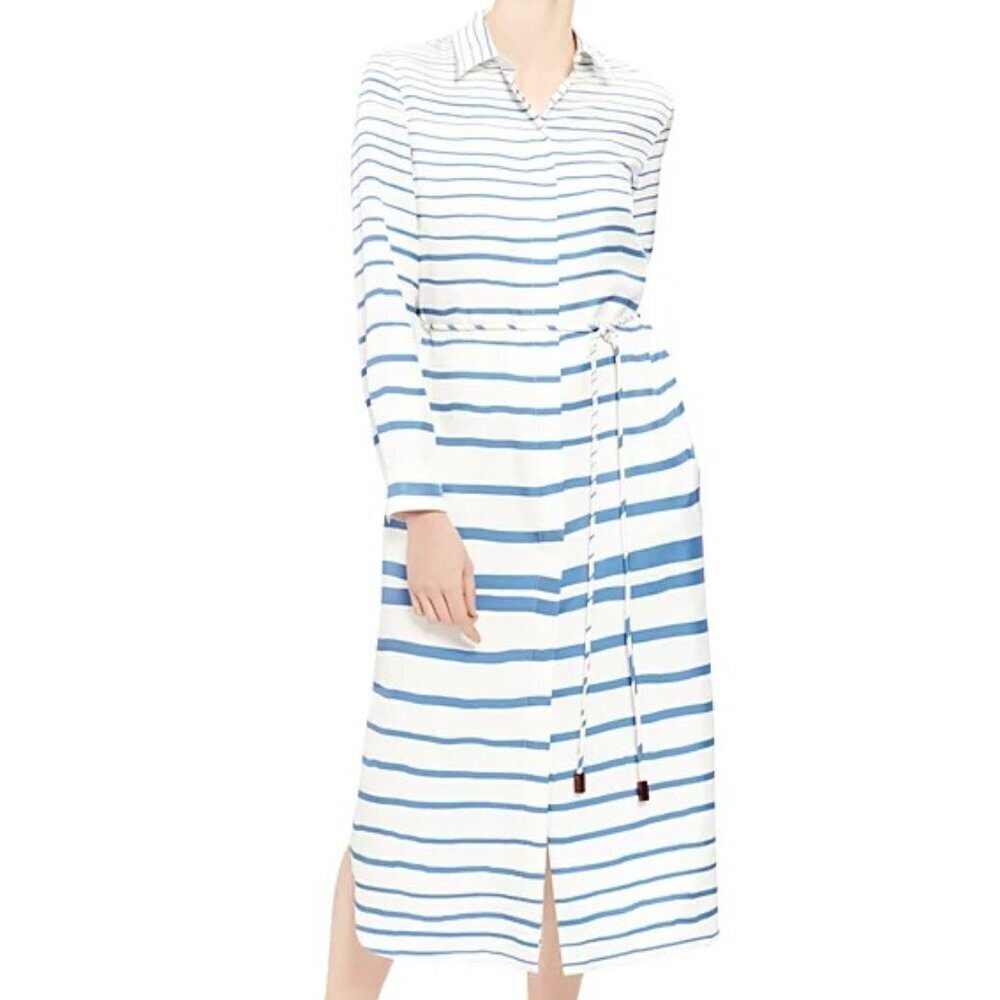Theory Women's Blue Striped Long Sleeves Belted Silk Shirt Dress Size Small